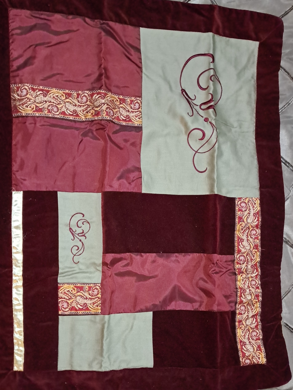 Patchwork Velvet Cotton Pillow 20"x26" Shams in Burgundy and Sage (2 Qty.)